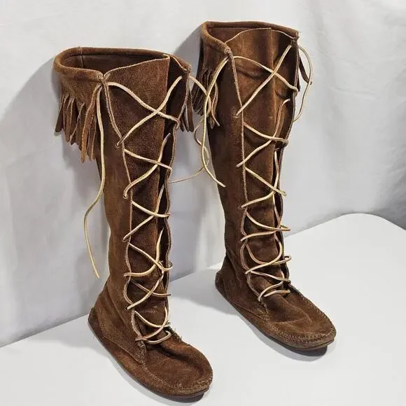 Vintage Knee High Moccasin Boots Women’s Size 6 Soft Brown Suede Leather - Picture 2 of 8